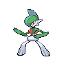 Sprite art of Gallade, an amorphous, bipedal knight-like creature, dark green and white in color. Long, organic blades rise from its elbows the way that wings extend from a wyvern’s arms. There is a teal knife-like crest on the top of its head and red horn-like crests on its chest and upper back. It has a brave expression like a knight. The artwork is from Pokémon Black 2 Version and Pokémon White 2 Version for the Nintendo DS.