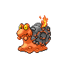 Sprite art of Magcargo, a snail with a body of magma. Its brown shell is made of rock and is a little flimsy. Sometimes a fire will spark up inside the shell and flames will spurt from the cracks. It has big, curious eyes the color of lemon taffy and butter. The artwork is from Pokémon Black 2 Version and Pokémon White 2 Version for the Nintendo DS.