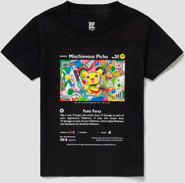 File:Mischievous Pichu P-Lab Collaboration Kids T-shirt Black.jpg